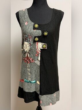 Cache Cache Whimsical Doll Graphic Tunic Dress Lagenlook Colorblock Mini Small